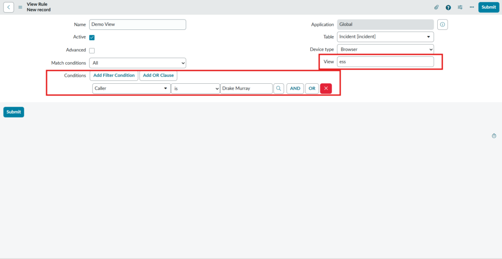 View rule in ServiceNow